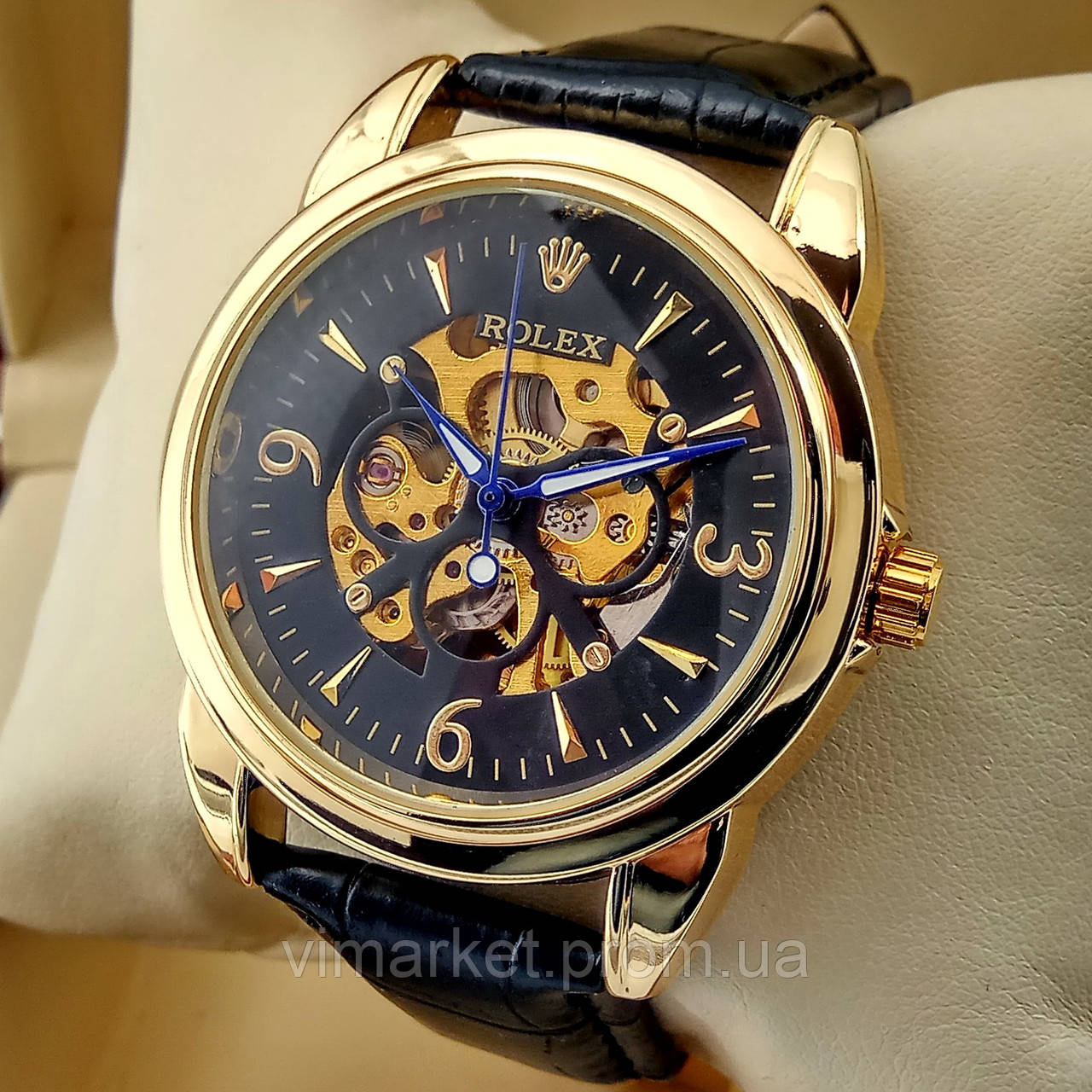 Механічні чоловічі наручні годинники скелетоны Rolex золотого кольору з автопідзаводом на шкіряному ремінці чорний
