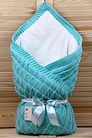 Зимний вязаный конверт-одеяло на выписку "Лапушка" для новорожденных в роддом. Ментоловый