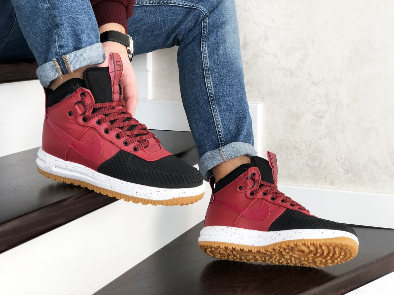 Кросівки чоловічі Nike Lunar Force 1 Duckboot шкіряні червоні з чорним