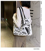Эко-сумка белая с рисунками с коричневыми ручками