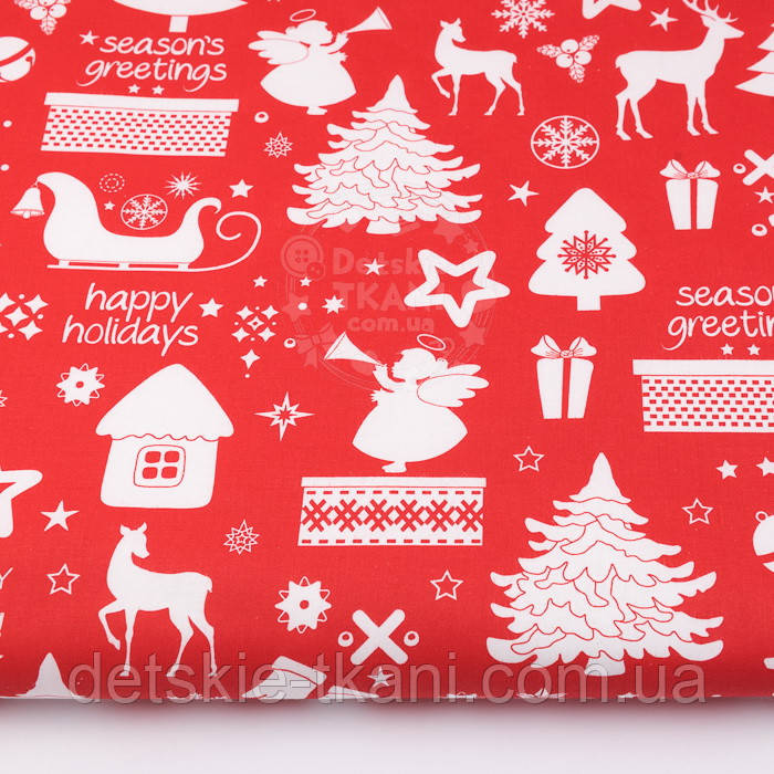 Бязь новорічна "Happy Holidays" в червоно-білому кольорі №3020а