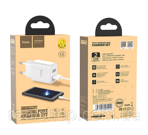 Мережевий зарядний пристрій HOCO C62A 2 USB + MicroUSB 2.4A, білий, фото 1