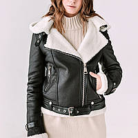 Дубленка косуха VK с капюшоном черная с белым мехом (Арт. LT431)