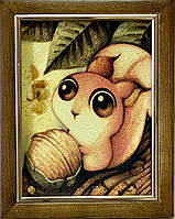 Дитяча картина з бурштину Білочка і орешок, дитяча картина з бурштину Білочка і горішок 15x20 см
