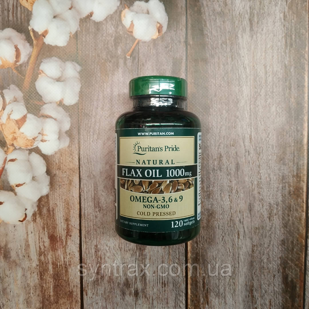 Puritan's Pride Flax Oil 120 soft 1000 mg, лляна олія Омега 3-6-9