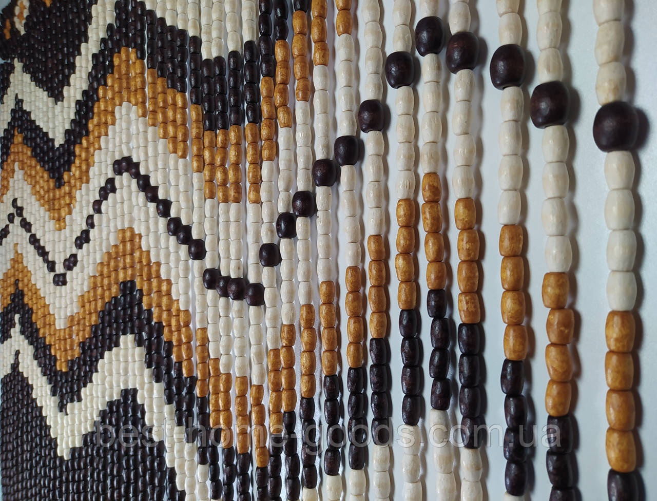Штора-нитка Більша | дерев'яні намистини | декоративна штора на дверний отвір | 48 підвісок | 1,2×2 м | коричневий, рудий, білий, фото 1