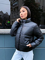 Жіноча шкіряна куртка з екошкіри на утеплювачі, комір - стійка, на блискавці 65KU479, фото 1