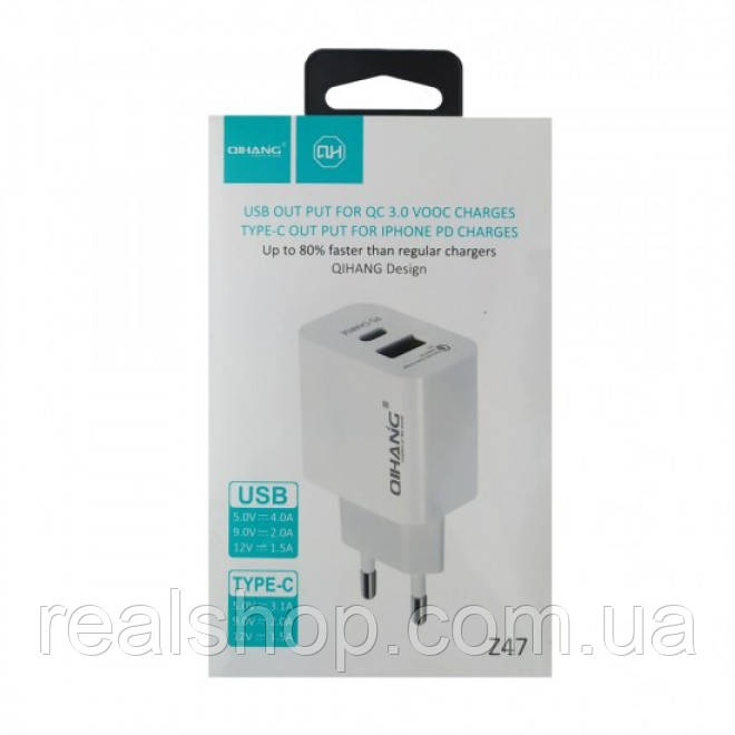 Мережевий зарядний пристрій QIHANG Z47 QC3.0 1 USB + PD Type-C White, фото 1