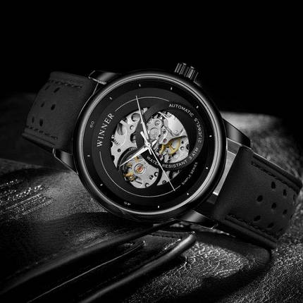 Годинник Winner Hunter чорні механічні годинник скелетон, фото 2