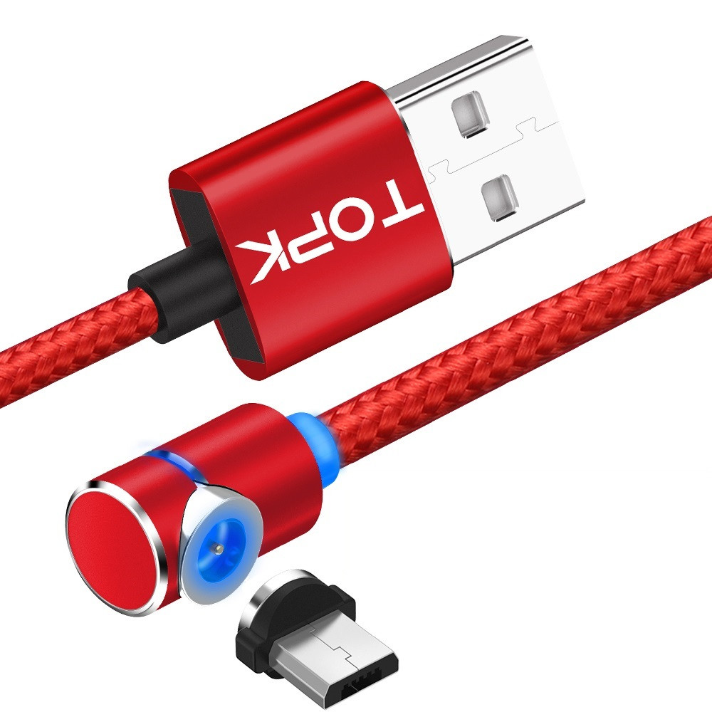 Магнітний кабель TOPK 2 метри ПОВОРОТ 90° USB 2.0 для зарядки AM51 Micro USB (ЧЕРВОНИЙ)