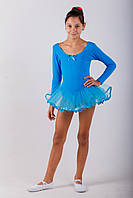 Купальник с пышной юбкой для танцев и гимнастики с длинным рукавом,голубой стрейч-кулир M