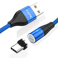 TOPK AM60! Магнітний USB кабель 360° швидка зарядка QC3.0 - 3 Ампер+ передача даних. Type C Синій