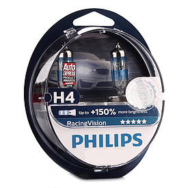 Автолампи, глологенні лампи для авто Н4 12 V 60/55 PHILIPS Racing Vision+150% (2 шт.).Ближнє-дальнє світло