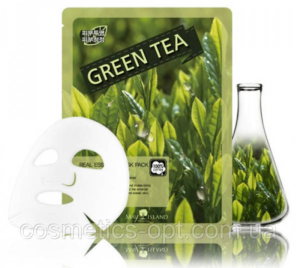 Тканинна маска для усунення почервоніння із зеленим чаєм May Island Real Essence Green Tea Mask Pack
