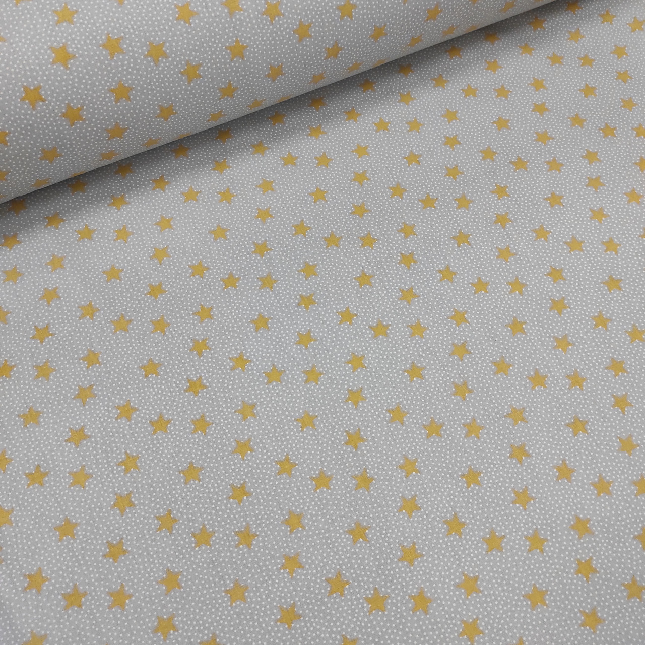 Тканина поплін зірки яскраво-жовті на сірому з білими крапками (ТУРЦІЯ шир. 2,4 м) (R-W-0202), фото 1