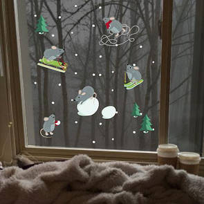 Інтер'єрна вінілова наклейка на вікно та стіни Зимові ігри (миски, санки, ковзани)