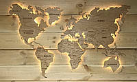 Деревянная карта Мира с LED подсветкой (Теплая) и гравировкой S-120x70 см