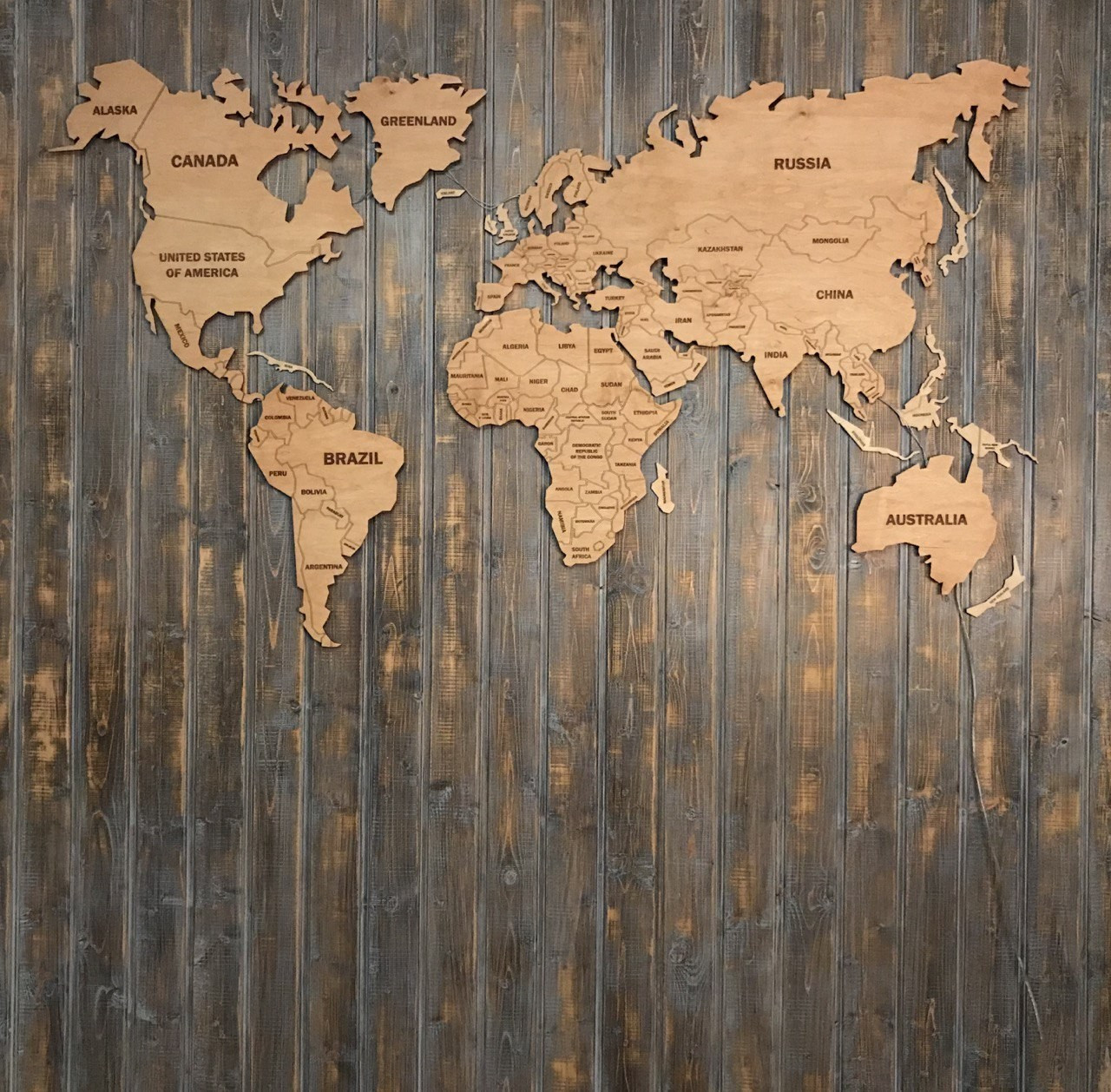 Деревянная карта Мира с LED подсветкой (Теплая) и гравировкой S-120x70 ...