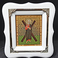 Икона Святой Андрей Первозванный в белом фигурном киоте с декоративными уголочками, размер 19*17, лик 10*12,