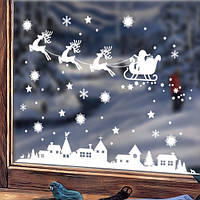 Интерьерная новогодняя наклейка С новым годом! для декора окна или стен (дед мороз в санях, снежинки)