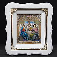 Икона Святая Тройца в белом фигурном киоте с декоративными уголочками под стеклом, размер 19*17, лик 10*12