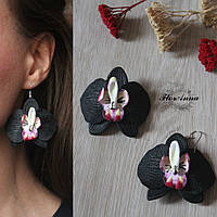 Великі сережки ручної роботи "Чорні орхідеї з круглими пелюстками"