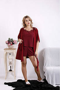 Бордовий шовковий халат жіночий короткий із поясом великого розміру 42-74. 01607-1