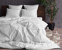 Белое постельное бельё с простыней на резинке двуспальное 180х220 страйп-сатин люкс (14790)