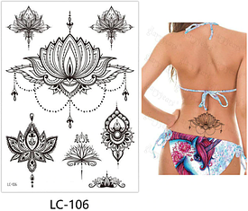 Флеш Тату. 21*15 См. Перевідна. Тимчасова. Мехенді, Менді, Набір, Квіти, Lc-106 (S), Ч/Б