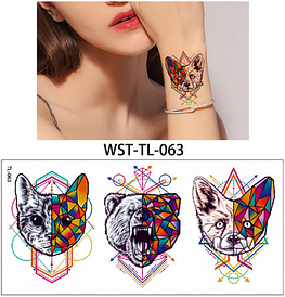 Флеш Тату. 19*9 См, Перевідна. Тимчасова. Набір, Коти, Лисиці, Ведмеді, Геометрія, Акварельний, Tl-63