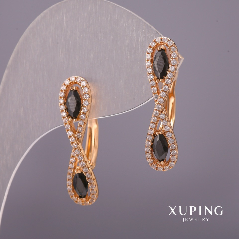 Серьги Xuping с белыми стразами и черными камнями 6х25мм Позолота 18К купити біжутерію дешево оптом в