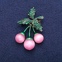 Брошка Кулон Вишеньки з намистинами рожевий Котячий Око і зеленої емаллю 35х60мм купити біжутерію дешево оптом в інтернеті