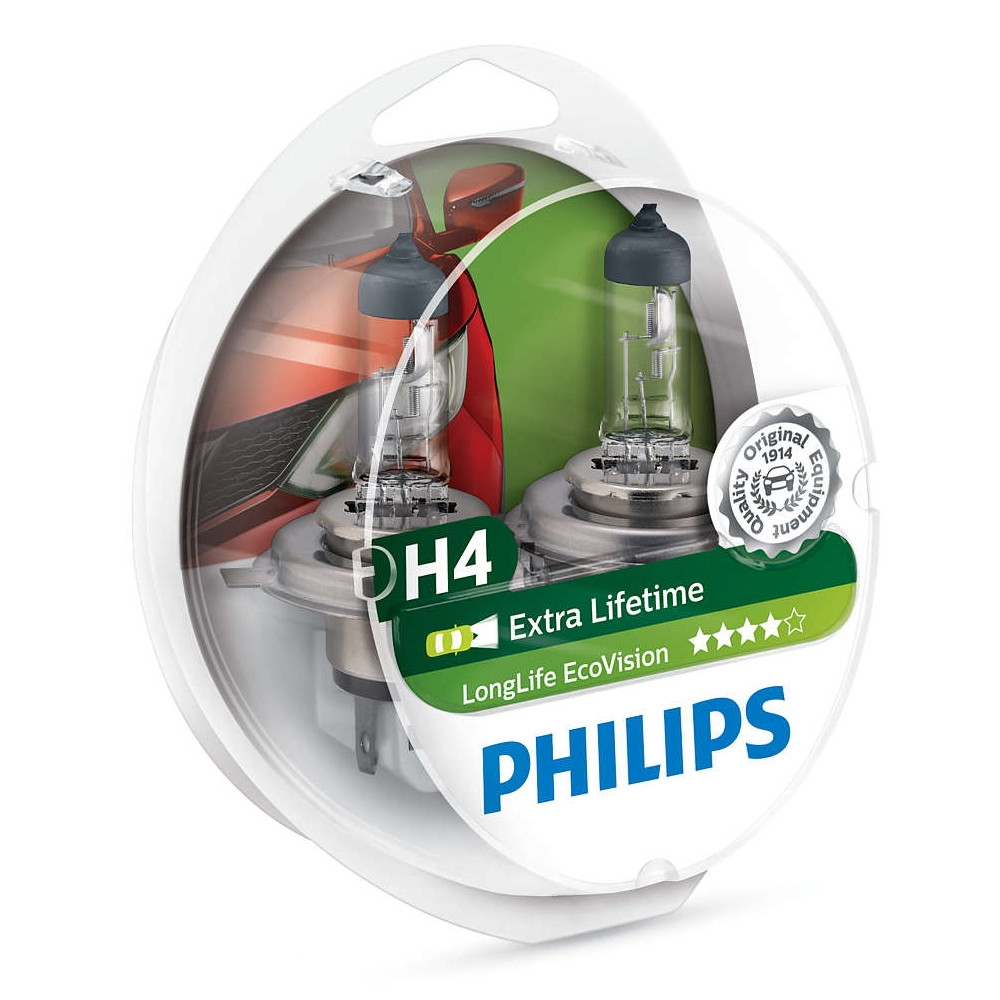 Автолампи, глологенні лампи для авто Н4 12 V 60/55 PHILIPS LongLife EcoVision. Ближний-дальний свет