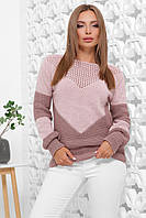 Вязаный женский теплый свитер на зиму двухцветный пудра-фрез