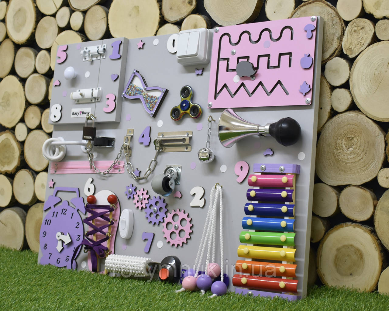 Бізіборд для дівчинки, Розвиваюча Дошка для дітей, Іграшки Монтесорі, рожево-фіолетова, 50*65 Бізікуб