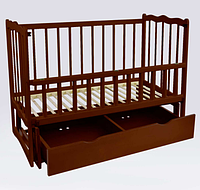 Детская кроватка деревянная маятник с шухлядой и откидным бортиком "Сон" ольха - цвет темно-коричневый