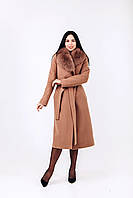 Длинное зимнее кашемировое женское пальто с мехом