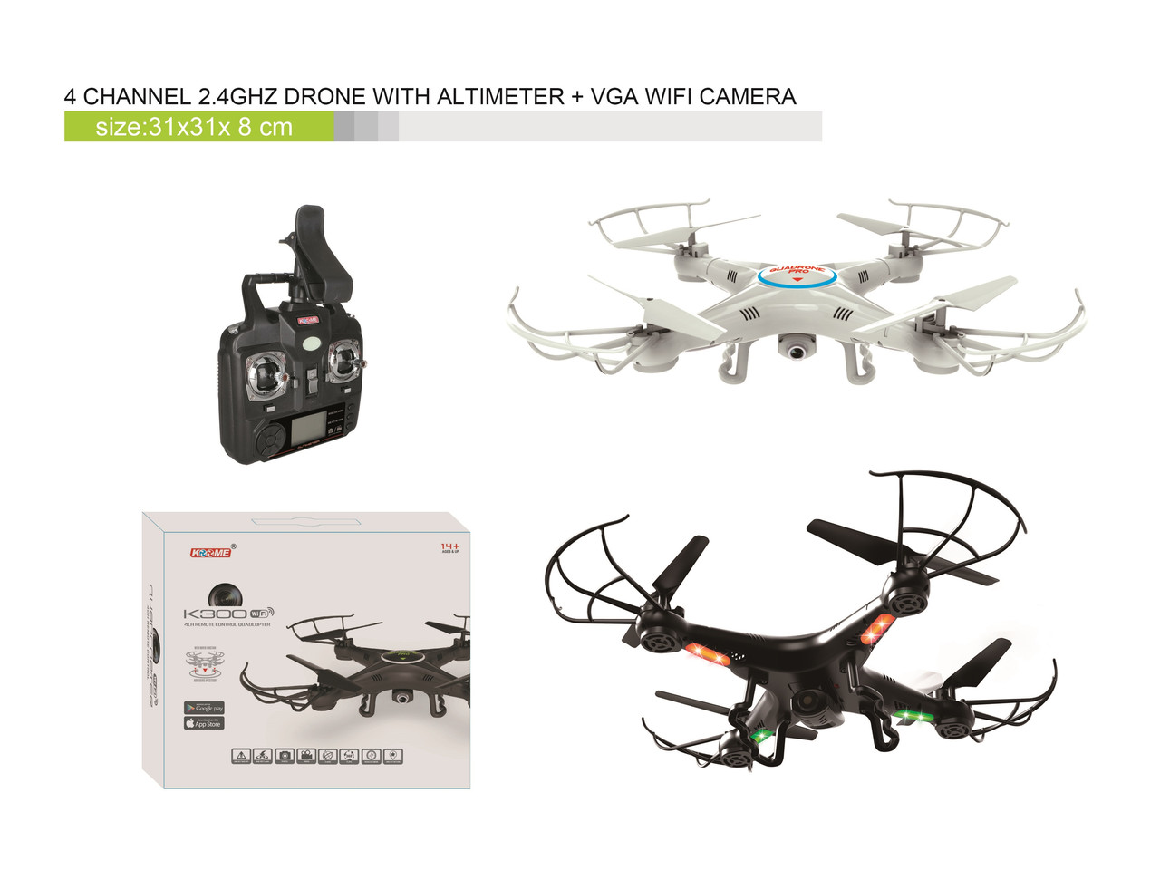 Квадрокоптер на радіо керуванні з камерою Wi-Fi FPV світиться 2 види USB у коробці K300C-HW, фото 1