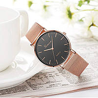 Жіночі наручні годинники Geneva Classic steel watch рожеве золото з чорним циферблатом (уцінка)