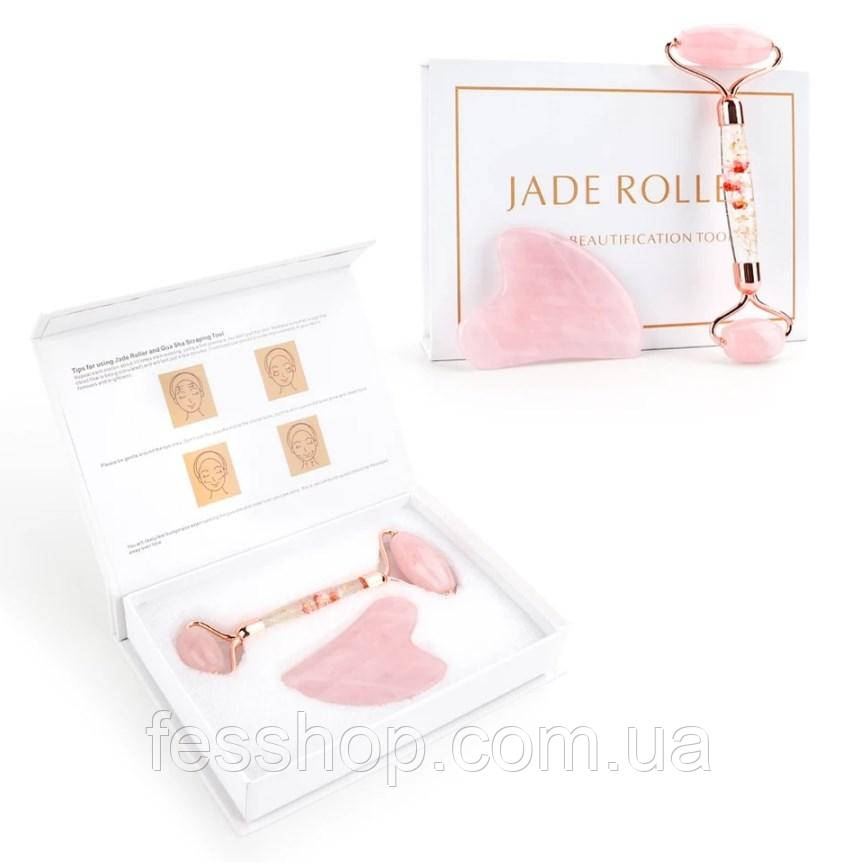 Ролик для особи і скребок гуаша JADE ROLLER з Рожевого кварцу