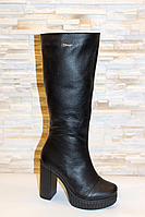 Сапоги женские черные на каблуке натуральная кожа Д675-1