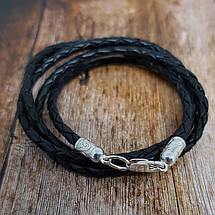 Шнур 3 мм. шкіряний, плетений зі срібними 925пр. конечниками та замком, плетений візерунок, фото 4