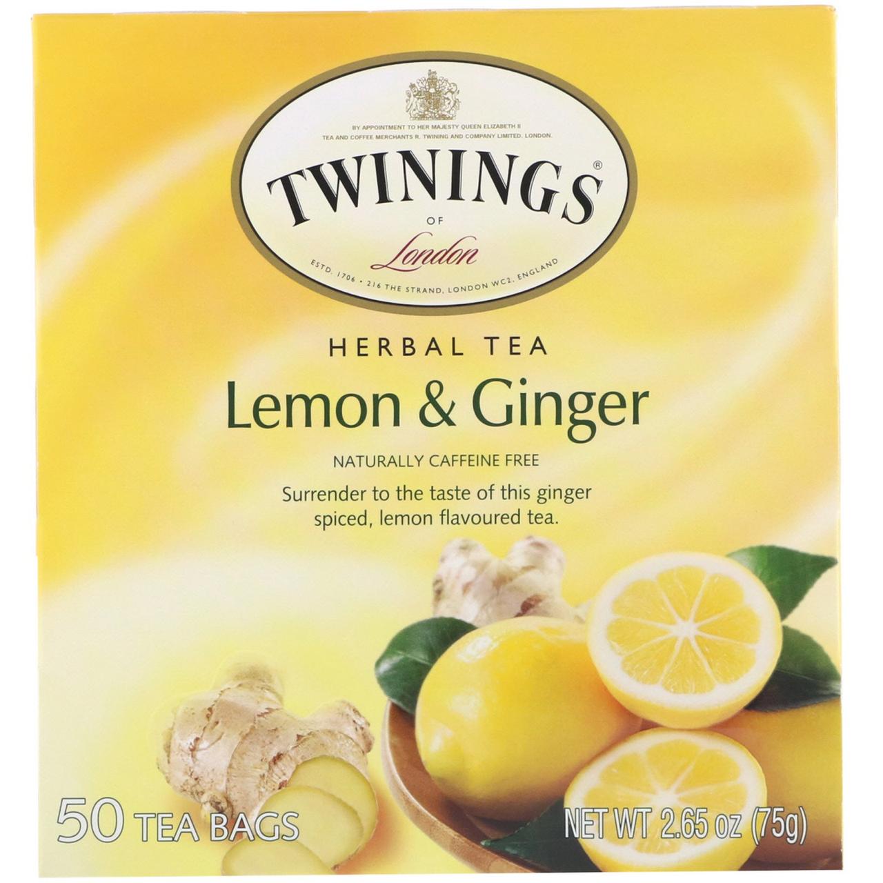 Twinings, Трав'яний чай, лимон і імбир, без кофеїну, 50 чайних пакетиків, 75 г
