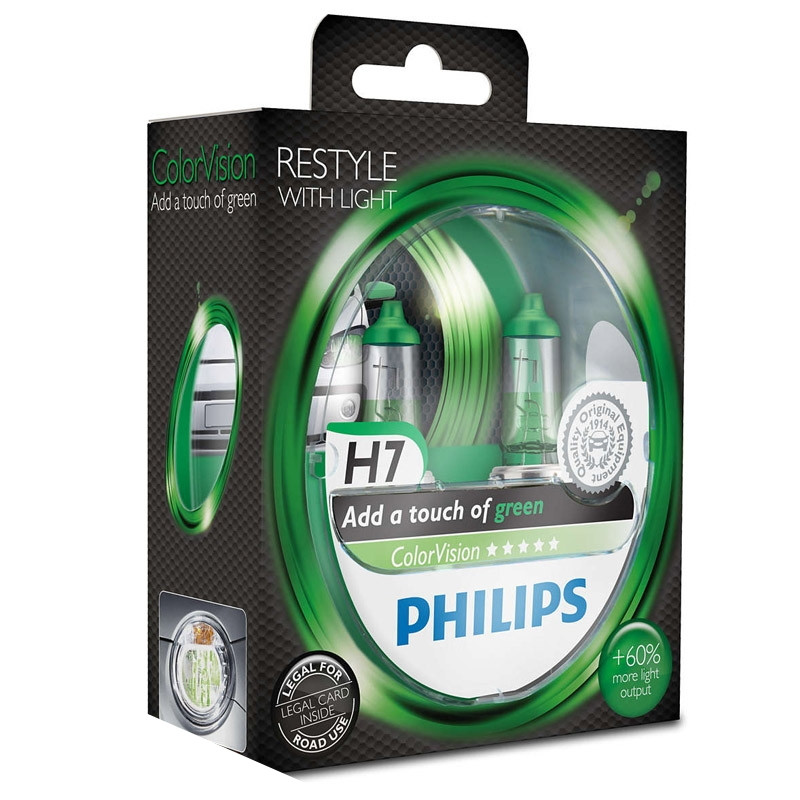 Галогенні лампи в фару авто Н7 12 V 55 W PHILIPS Color Vision Green (2 шт.)