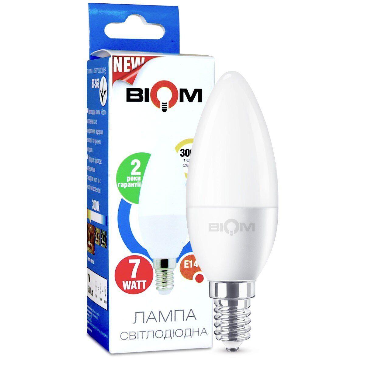 Світлодіодна лампа свічка 7W Biom BT-569 тепле світло 3000К C37 цоколь E14