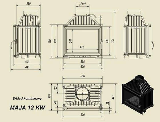 Класична дров'яна камінна топка закрита з повітряним опаленням Kratki Maja 12 (12 кВт), фото 3