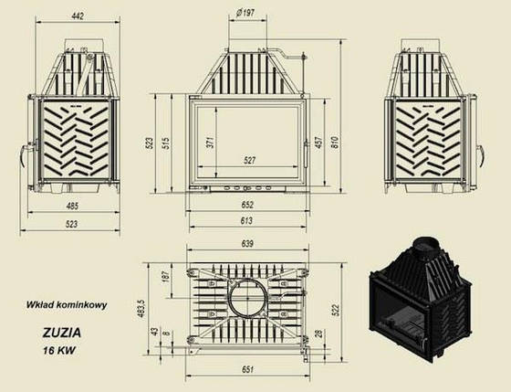 Класична чавунна камінна топка на дровах з повітряним опаленням Kratki Zuzia 16 DG (16 кВт), фото 3