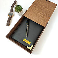Подарочный набор именной: блокнот с гравировкой, ручка коробка - шкатулка