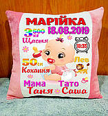 Подушка метрика для дівчинки, подарунок на День Народження. Плюшева подушка з написом