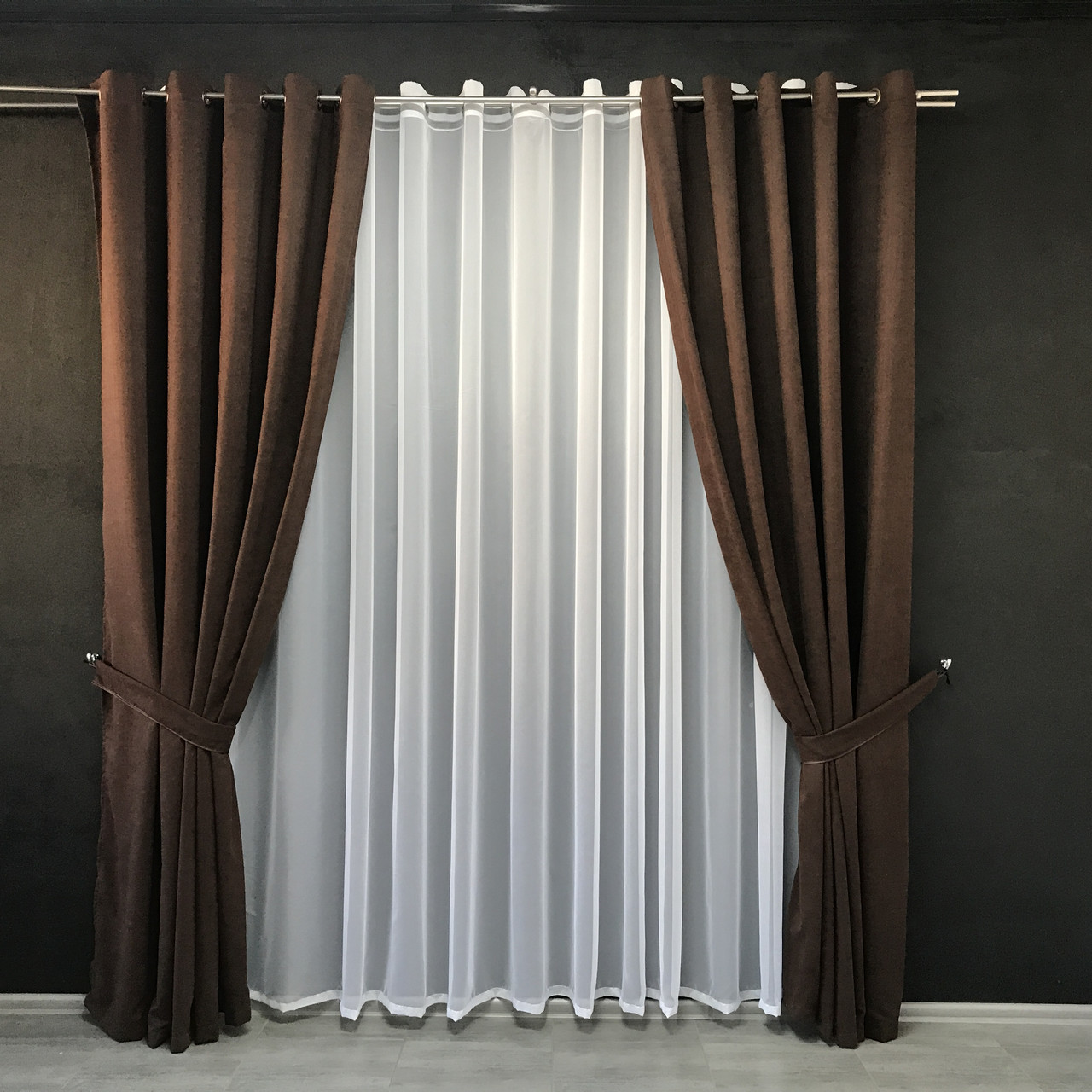 Однотонні штори з мікровелюру з шифоновим тюлем на люверсах, оксамитові портьєри Темно-коричневі, фото 1